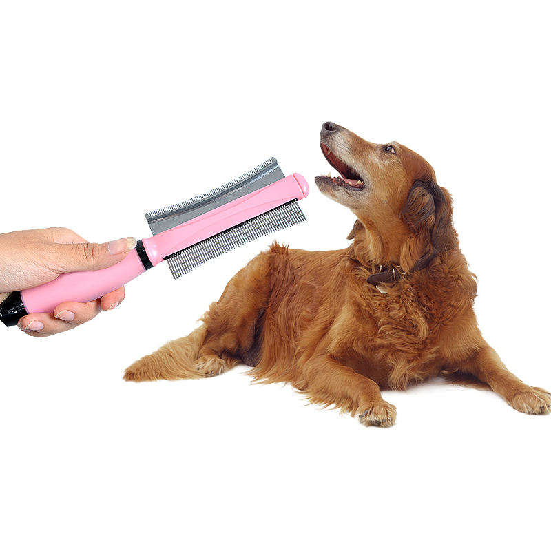 Wholesale Customized Logo Silicone Handle Stainless Steel Double Sides Dog Deshedding Comb Pet Comb