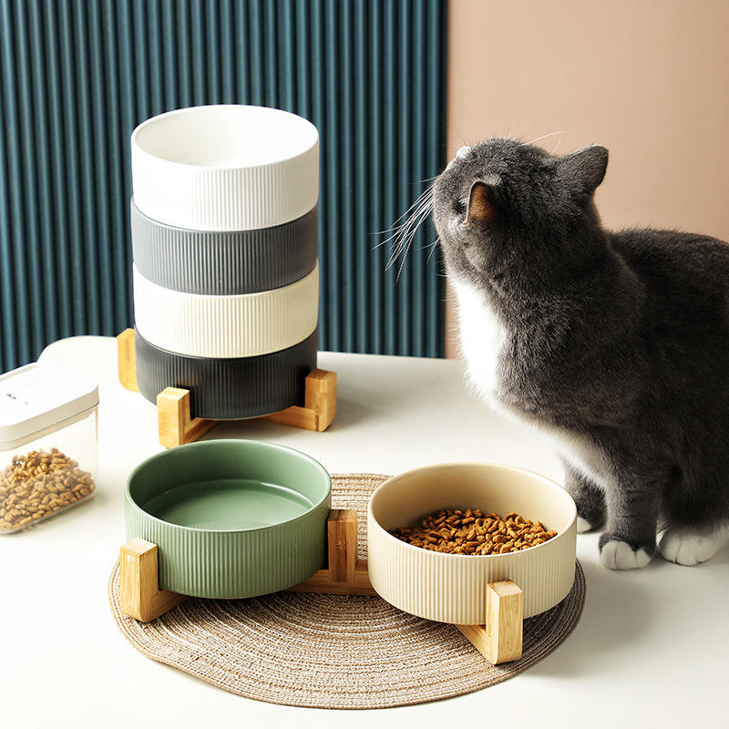 Manufacturer Wholesale Ceramic Cat Dog Bowls With Diagonal Grain Bamboo Shelf Pet Bowl