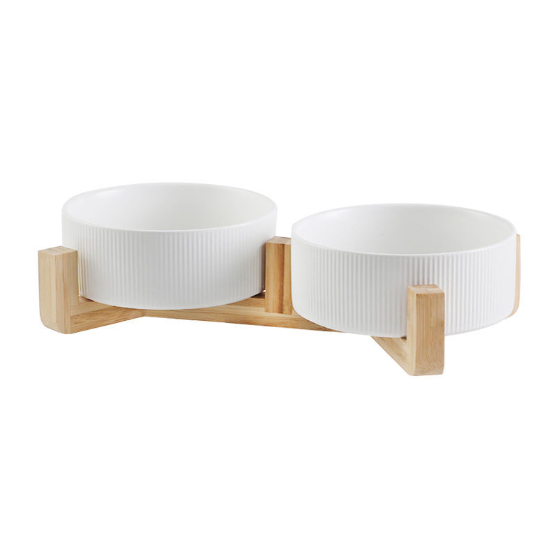 Manufacturer Wholesale Ceramic Cat Dog Bowls With Diagonal Grain Bamboo Shelf Pet Bowl