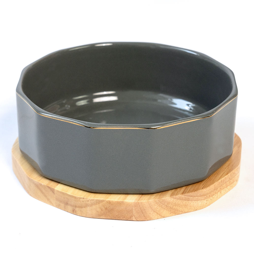 Luxurious Ceramic Pet Bowl For Dogs And Cats With Non-slip Wooden Mat