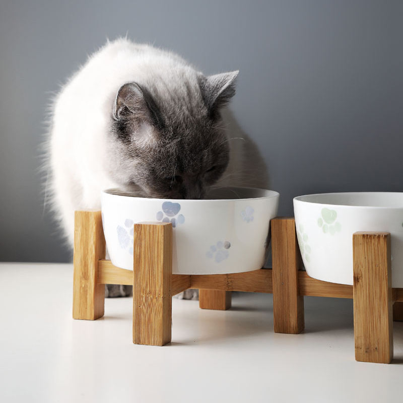 Manufacturer New Design Ceramic Pet Bowls Bamboo Stand Double Pet Bowls For Dogs And Cats