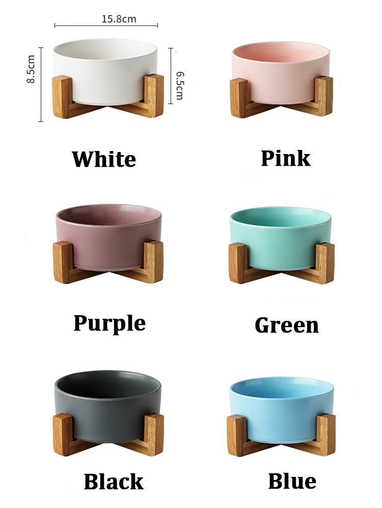 Wholesale Custom Colorful Fashion Ceramic Pet Bowl For Dogs And Cats With Bamboo Shelf Pet Water Food Feeder