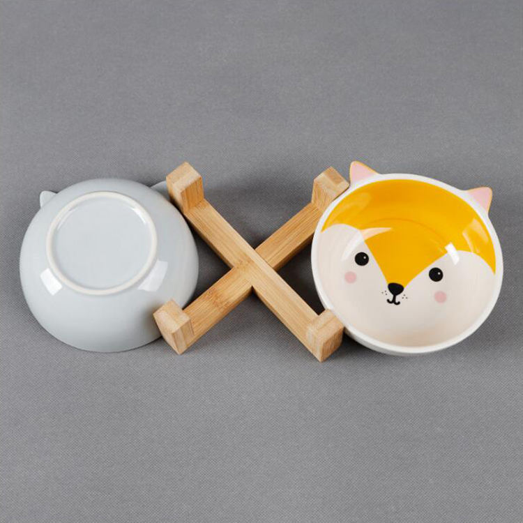 Wholesale Custom Ceramic Pet Bowl Bamboo Shelf Pet Dog Food Water Feeder