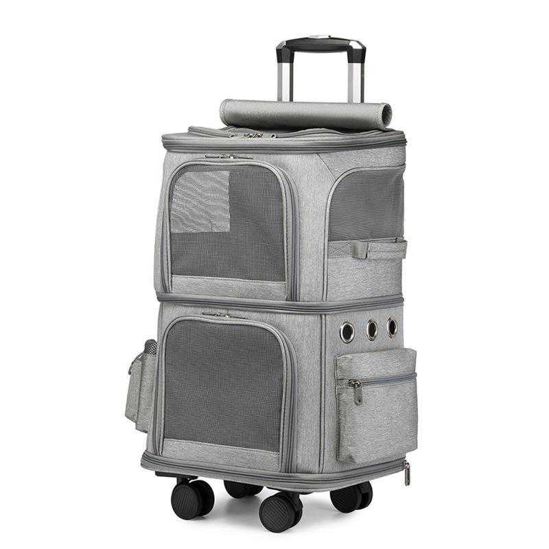 Moedern Breathable Mesh Oxford Travel Cat Bag Double Compartment 4 Wheels Carrying Bag Pet Trolley