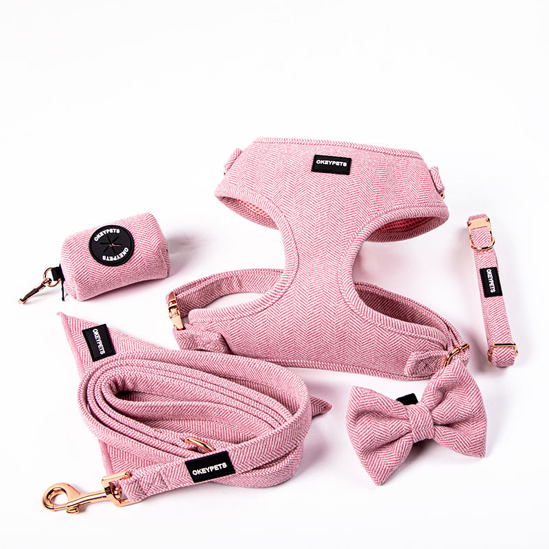 Pink Blank Dog Harness Cotton Tweed Designer Customisable Logo Adjustable Luxury Dog Leash And Harness Set