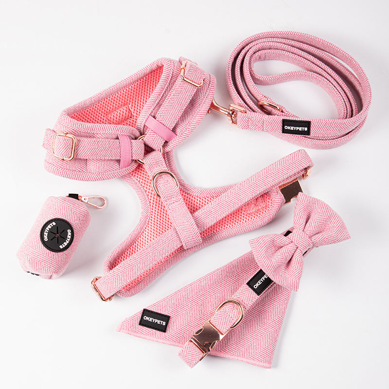 Pink Blank Dog Harness Cotton Tweed Designer Customisable Logo Adjustable Luxury Dog Leash And Harness Set