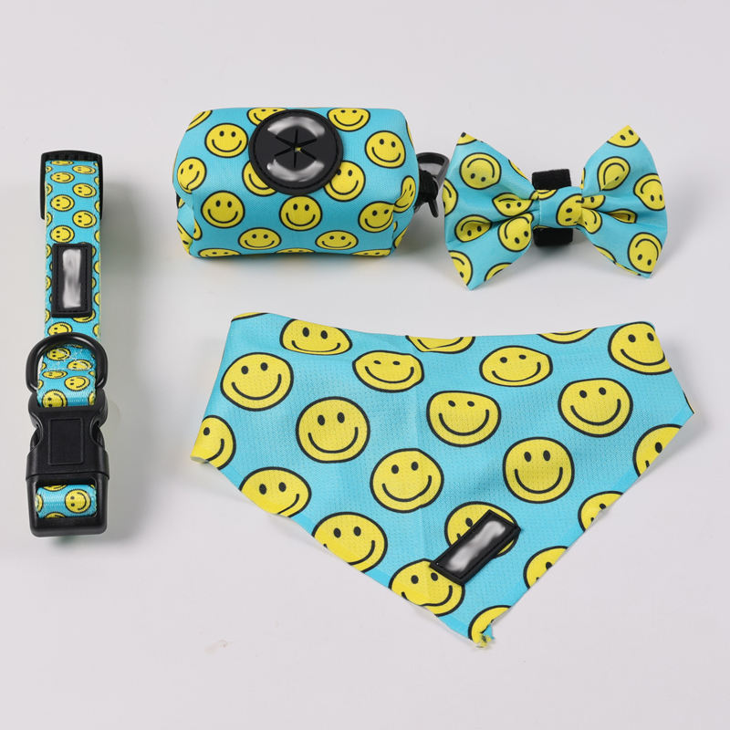 Adjustable Dog Harness Smile Face Design Soft Padded Dog Harness Quality Dog Accessories Collar Leash Bow Tie Bandana
