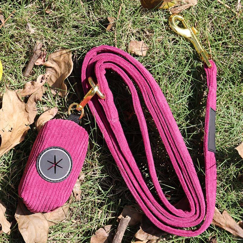 Custom Corduroy Material High Quality Small Breed Pink Collar Poop Bag Holder Bow Tie Dog Leash With Harness