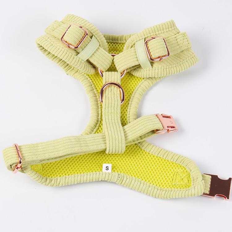 Green Blank Soft Comfortable Corduroy Material Pet Dog Cat Chest Harness Set Label Name Personalization