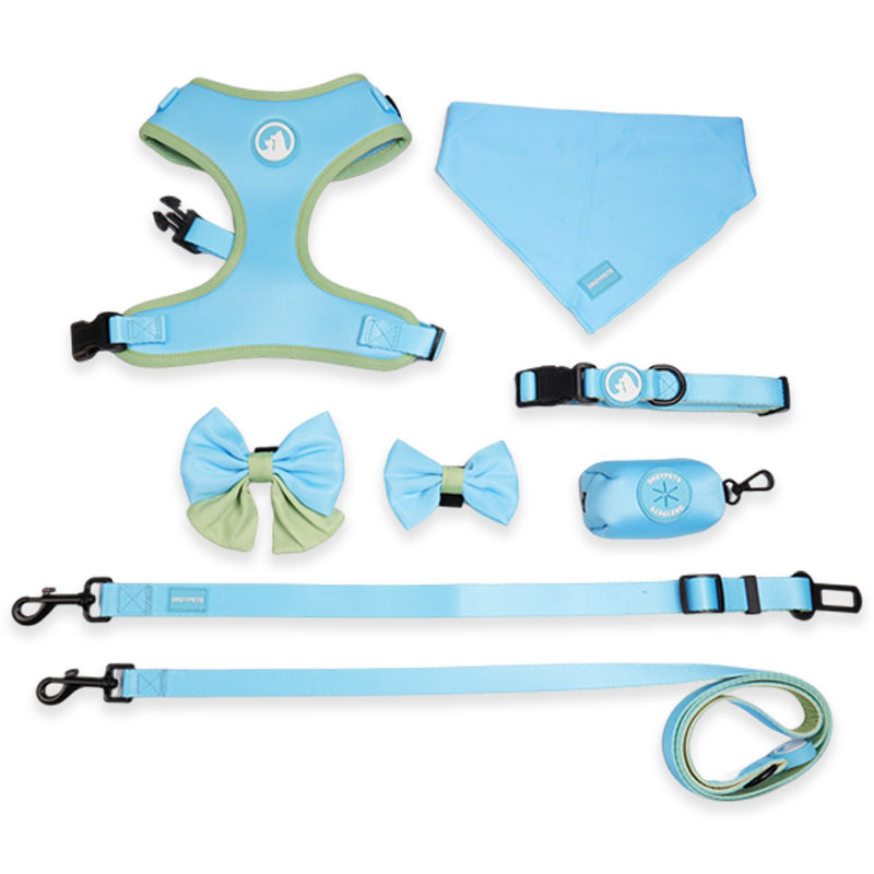 Neoprene Adjustable Blank Sublimation Blue Color Customizable Dog Wedding Running Harness Set Collar Leash Poop Bag Holder