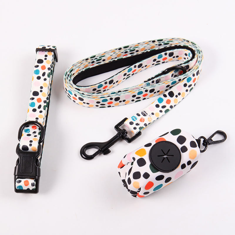 Customizable Adjustable Pet Accessories Padded Long Leash Neoprene Dog Har Neck Collar Pet Harness With Dot Pattern