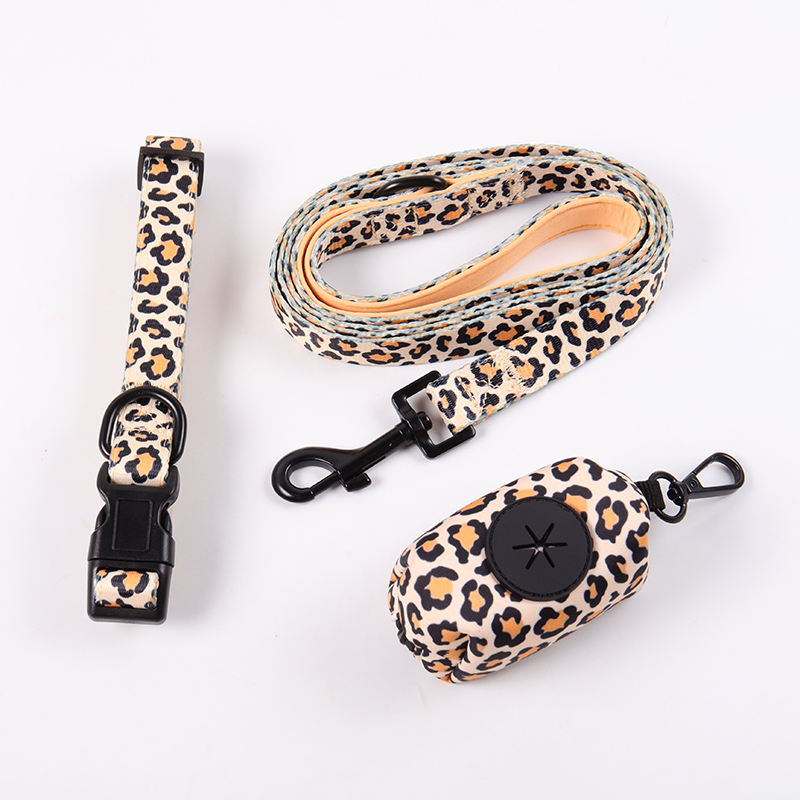 Oem Classic Leopard Logo Neoprene Material Padded Collar Leash Mesh Breathable Dog Walk Designer Har Harness