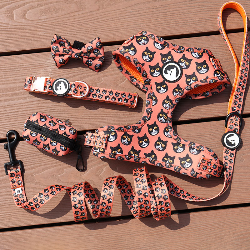 Wholesale Adjustable Dog Harness Collar Leash Poop Bag Holder Bow Tie Personal Logo Leash Set Pet Harness Set Personalized
