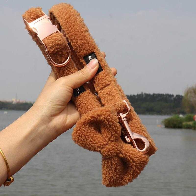Custom Color Brown Pet Leash Lead Poop Bag Holder Dispenser Bow Tie Comfort Dog Harness Collar Sherpa Fabric