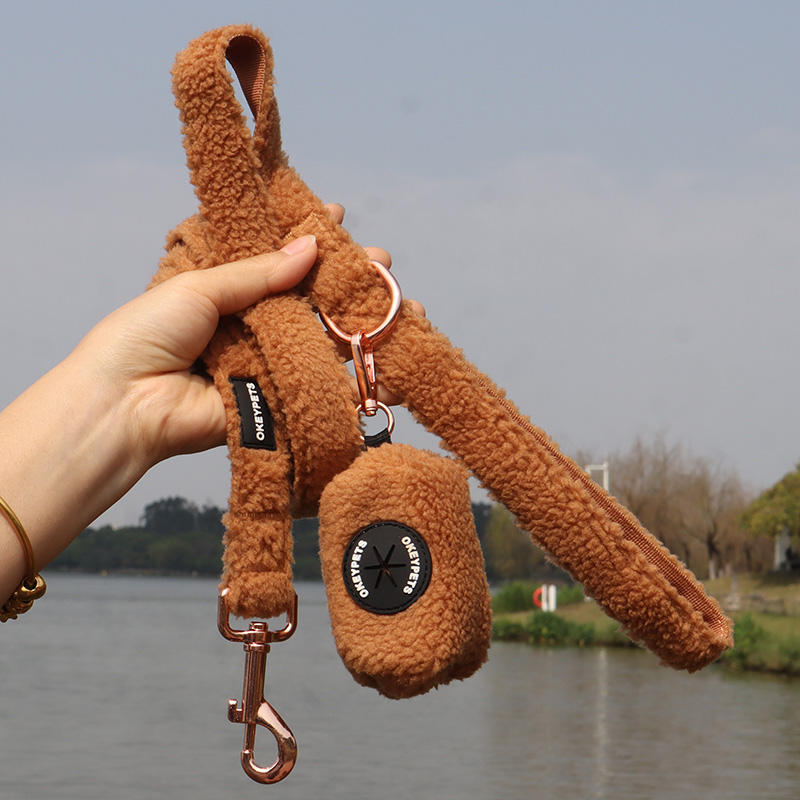 Custom Color Brown Pet Leash Lead Poop Bag Holder Dispenser Bow Tie Comfort Dog Harness Collar Sherpa Fabric