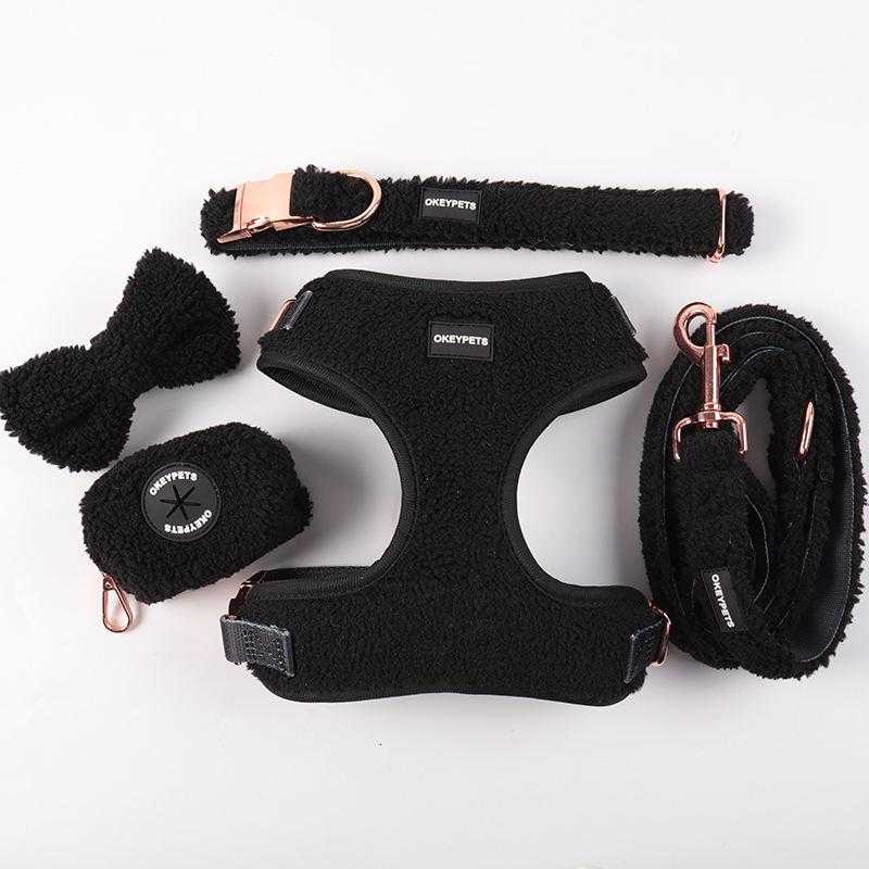 2023 Solid Colors Sherpa Luxury Cute Metal Accessories Quick Release Buckle Adjustable Dog Harness Collars Black