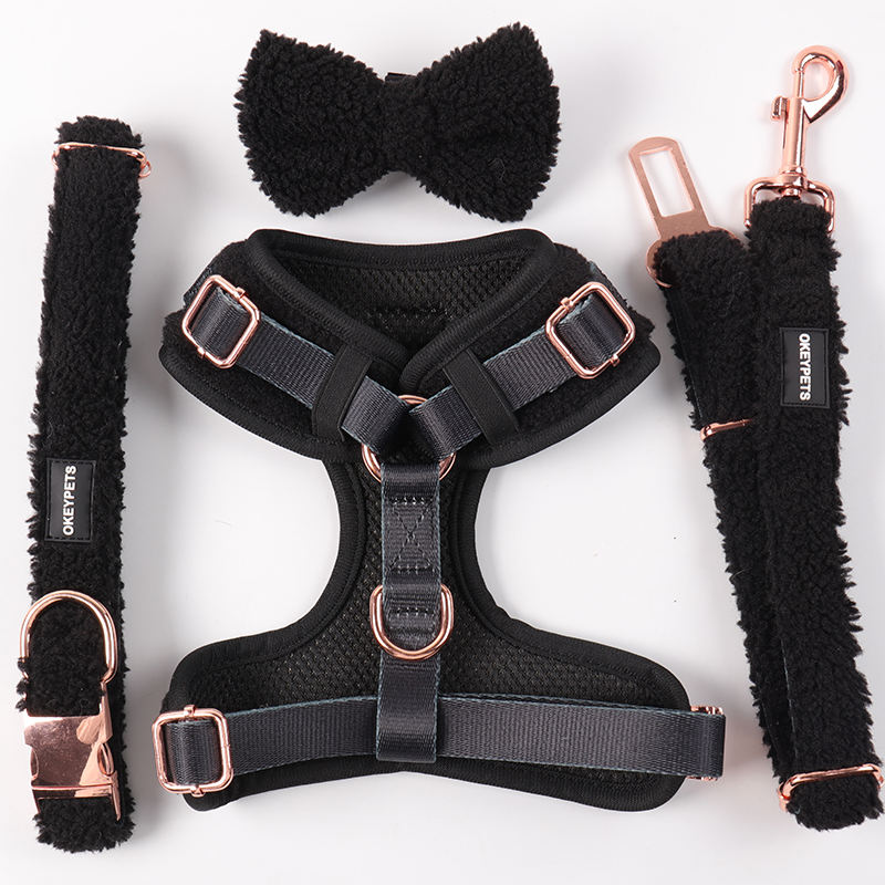 2023 Solid Colors Sherpa Luxury Cute Metal Accessories Quick Release Buckle Adjustable Dog Harness Collars Black