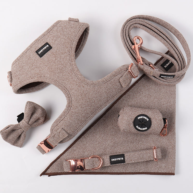 Tweed Twill Material High End	all Weather Mesh Metal Pet Accessories Puppy Dog Harness Brown