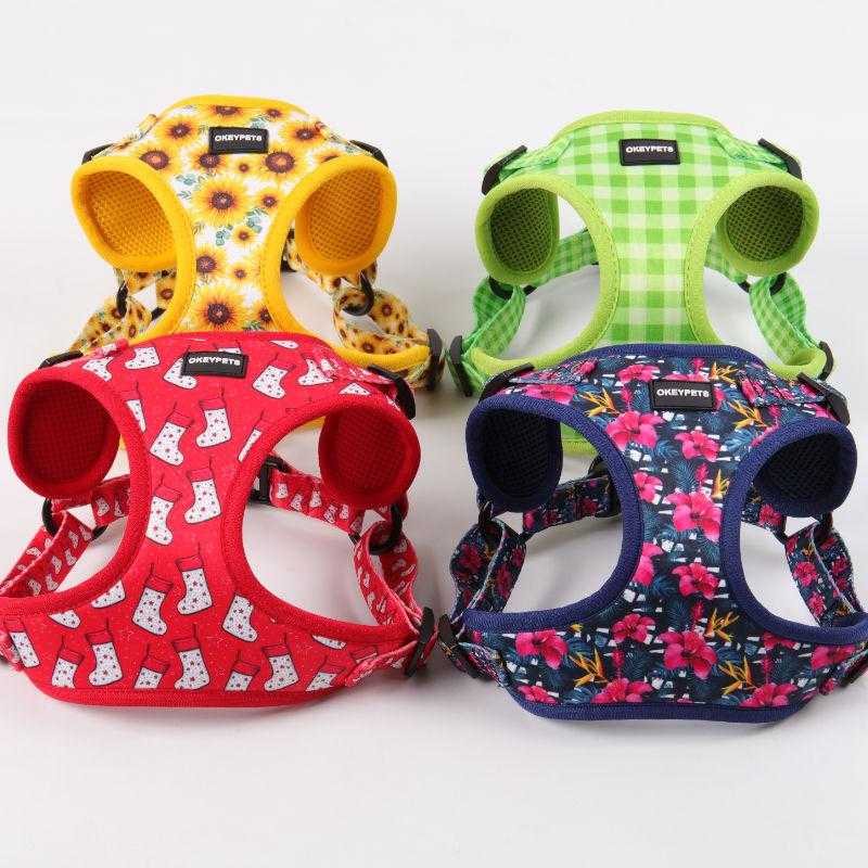 Custom Design Yellow Sunflower Harness Set Neoprene Adjustable Custom Luxury Step In Dog Harness Set For Puppy Cat