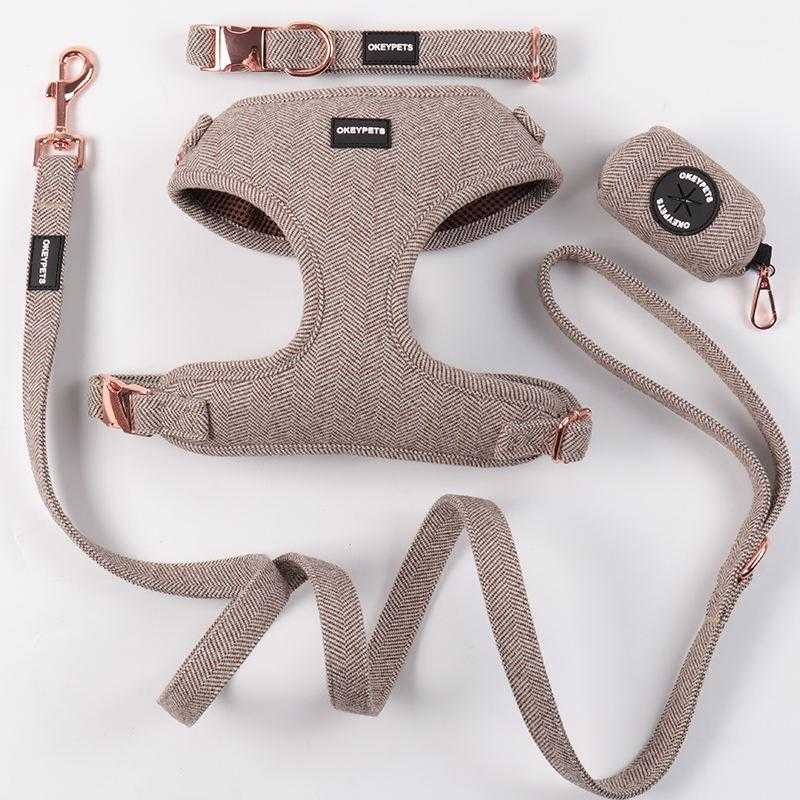 Personal Label Cute Xxs Adjustable Tweed Small Dog Collar Leash Harness Fashion Pet Harness Set For Cat And Dog