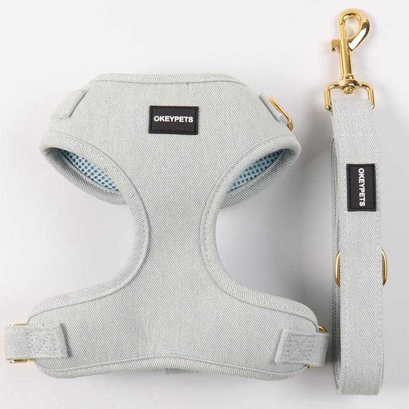 Denim Adjustable Metal Buckle Sublimation Dog Harness Collar Leashes Set Custom Cheap Mesh Dog Harness