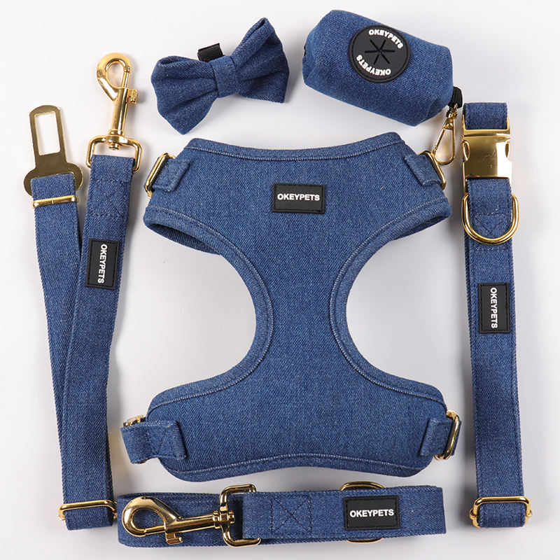 Denim Adjustable Metal Buckle Sublimation Dog Harness Collar Leashes Set Custom Cheap Mesh Dog Harness