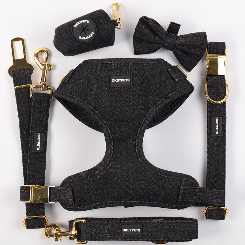 Custom Adjustable Luxury Dog Harness Supplier's Denim Dog Harness Set