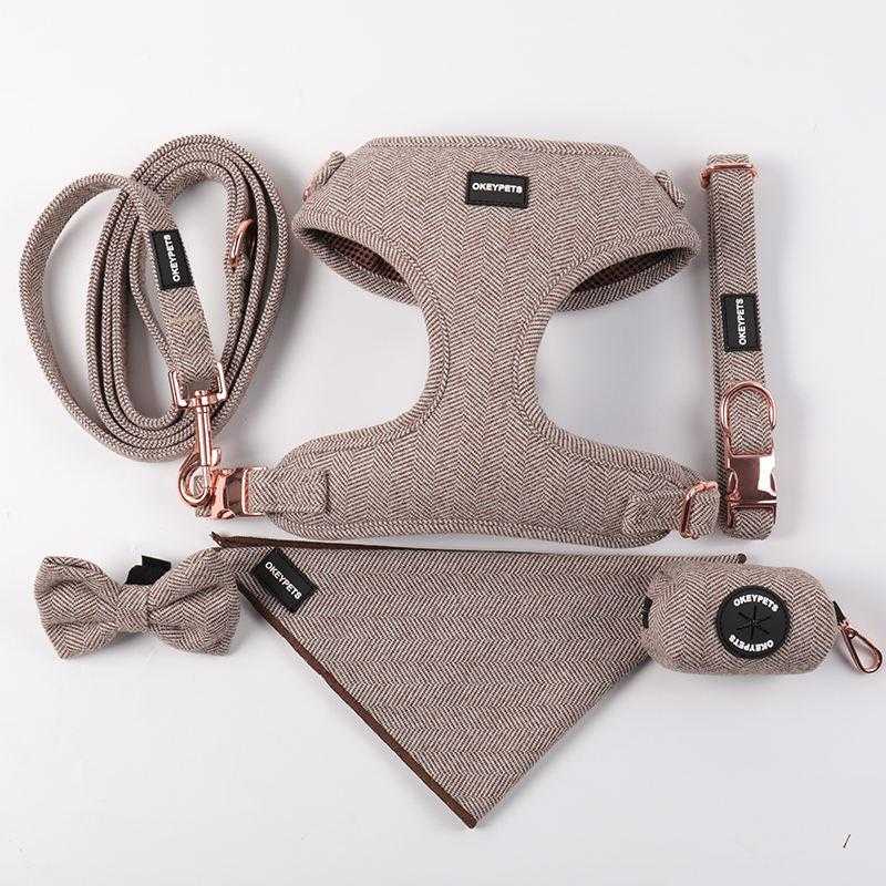 Solid Color Luxury Dog Harness Leash Bow Tie Poop Bag Holder No Pull Multi-colored Breathable Dog Harness Set