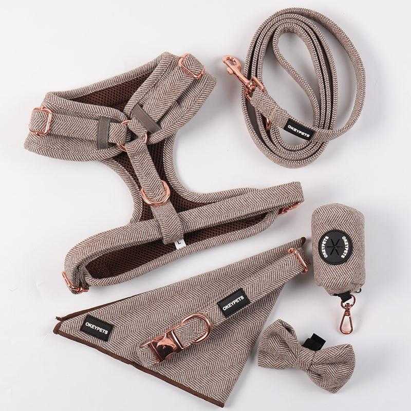 Luxury Tweed Brown Plain Outdoor Walking Pet Dog Harness Leash And Collar And Poop Bag Holder Set