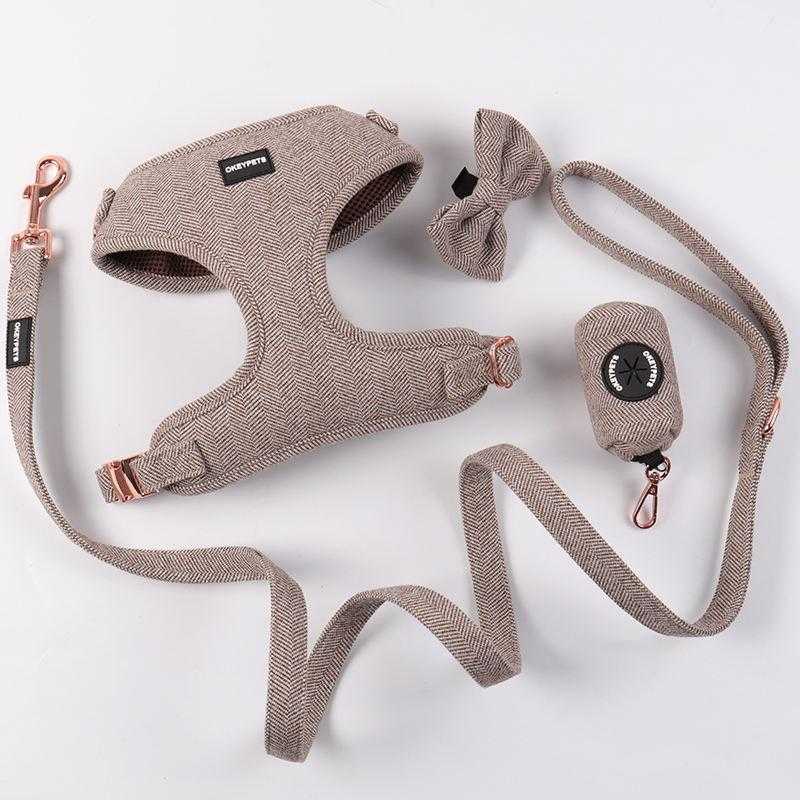 Personalized Color Blank Luxury Fashion Twill Tweed Dog Harness Leash Bow Tie Poop Bag Holder Harness For Pet Dog
