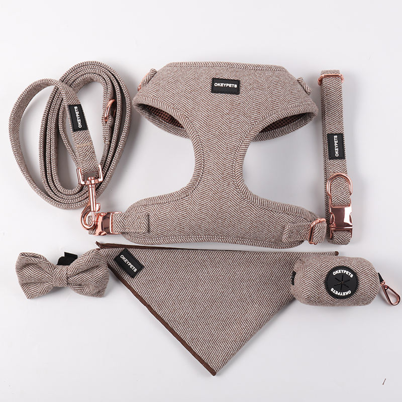 Brown Luxury Twill Herringbone Tweed Quick Release Neck Buckle Collar Lead Poop Bag Dispenser Holder Harness Vest