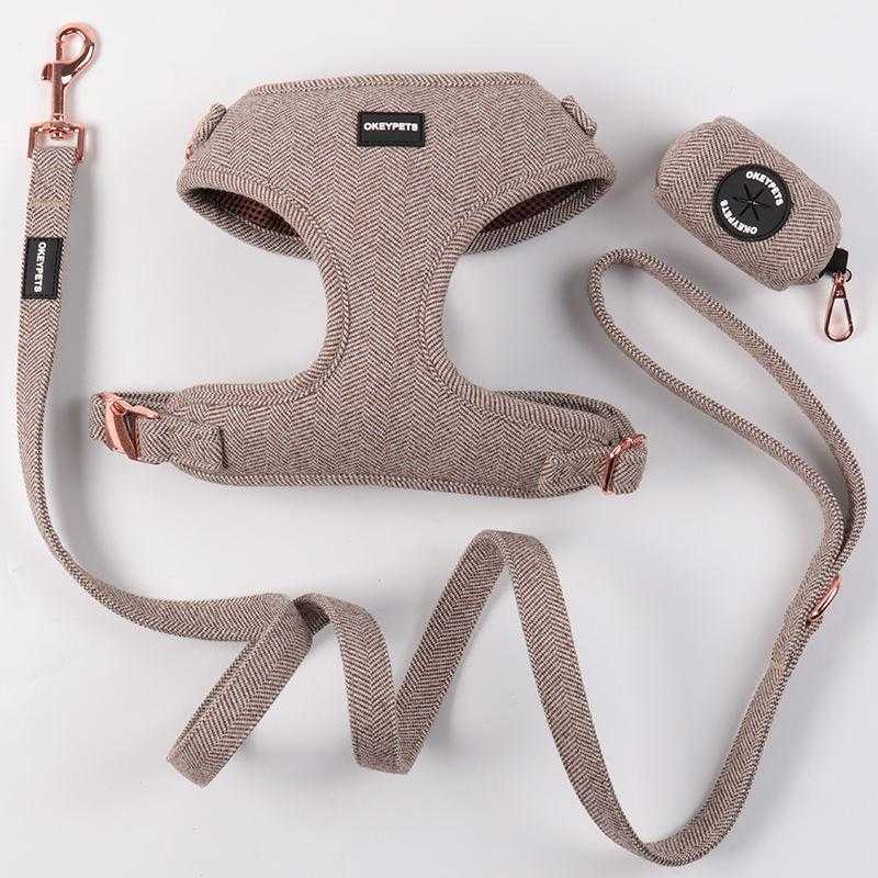 2023 Adjustable Luxury Twill Herringbone Tweed Dog Harness Leash And Collar And Bandana Set