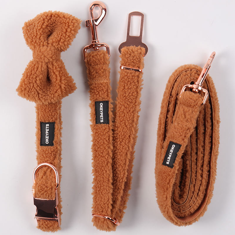 Custom Color Padded Mesh Pet Harness Vest Winter Warm Brown Adjustable Sherpa Dog Harness Collar Leash Set