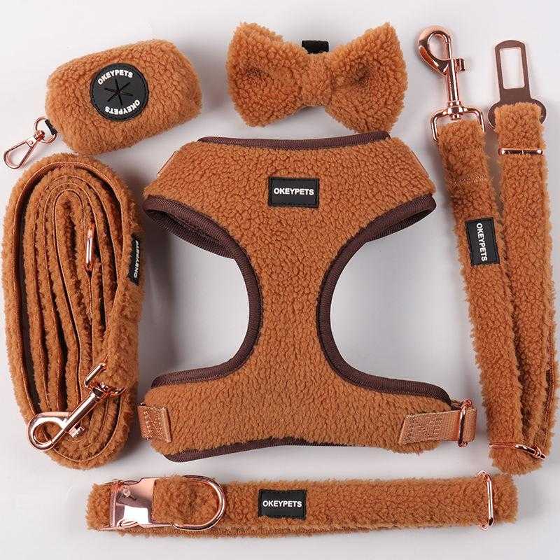 Custom Color Padded Mesh Pet Vest Comfort Brown Sherpa Dog Harness Collar Leash Set For Winter