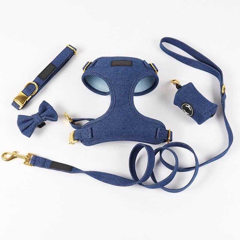 2022 High Quality Denim Material Durable Leash Bow Tie And Poop Bag Small Pet Dog Collar Harness Vest Set