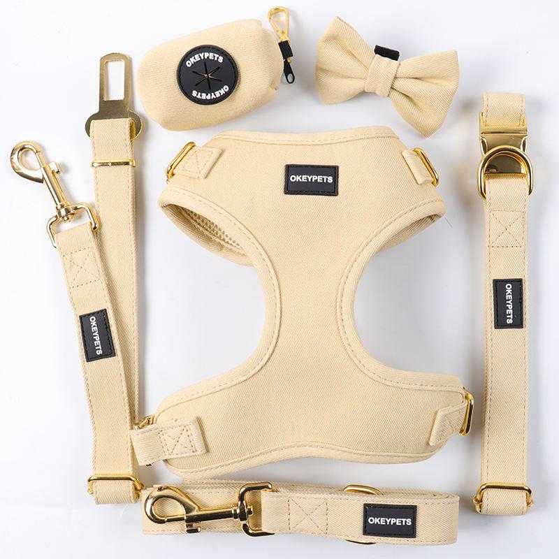 2022 High Quality Denim Material Durable Leash Bow Tie And Poop Bag Small Pet Dog Collar Harness Vest Set