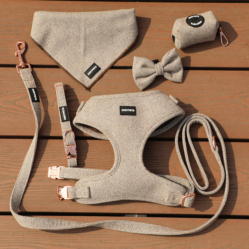 Oem Factory Solid Color Brown Cotton Twill Tweed Custom Durable Pet Dog Collar Leash Adjustable Dog Collar