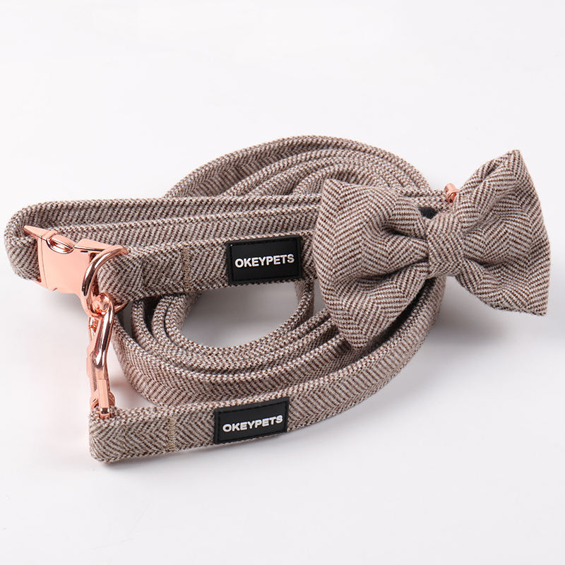 Plain Blank Twill Tweed Pet Harness Luxury Dog Collar Leash Bowtie Set For Dogs And Cats
