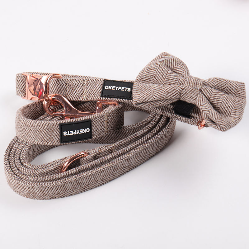 Twill Tweed Velvet Metal Accessories Custom Made Logo Dog Collars Leash Set With Bow Tie