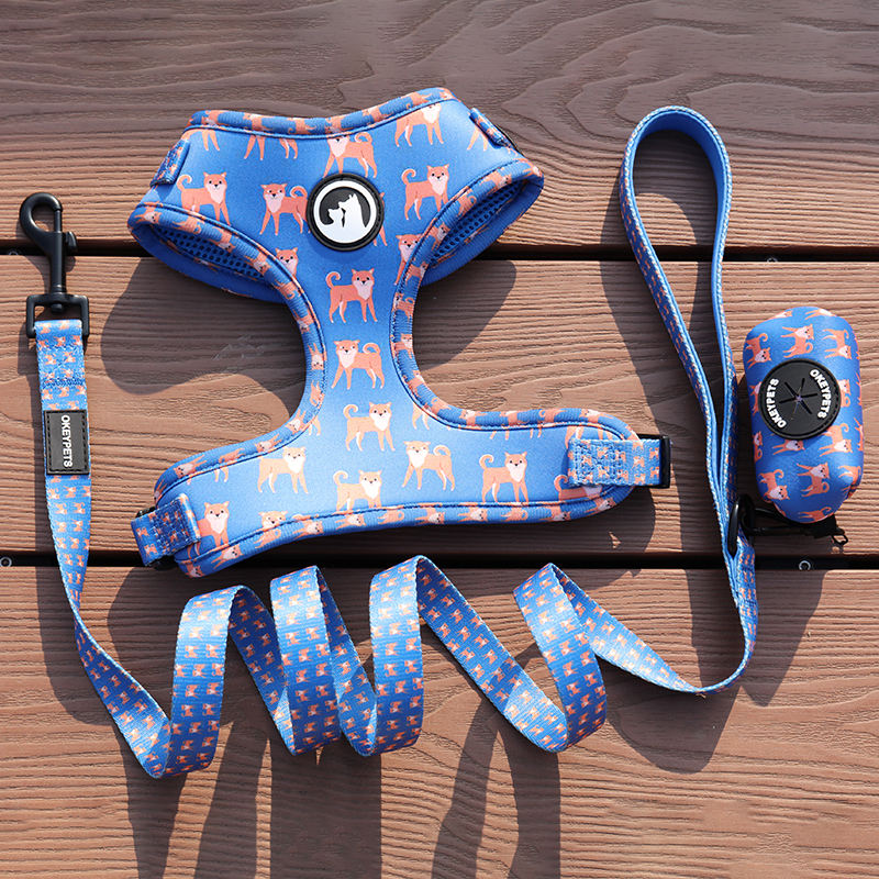 Custom Pattern Neoprene Mesh Padded Dog Har Set Small Medium Pet Dog Harness