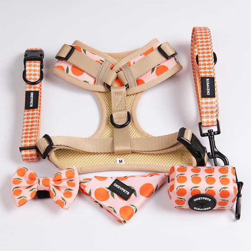 Custom Logo Sublimation Reflective Reversible Luxury Pet Dog Vest Collars Harness And Leash With Bow Tie Bandana