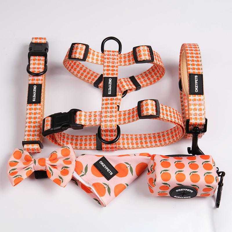 Custom Logo Sublimation Reflective Reversible Luxury Pet Dog Vest Collars Harness And Leash With Bow Tie Bandana