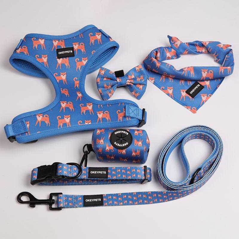 Custom Logo Sublimation Reflective Reversible Luxury Pet Dog Vest Collars Harness And Leash With Bow Tie Bandana