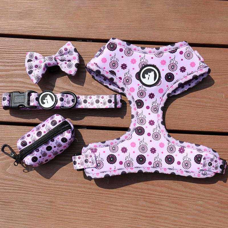 Custom Logo Sublimation Reflective Reversible Luxury Pet Dog Vest Collars Harness And Leash With Bow Tie Bandana