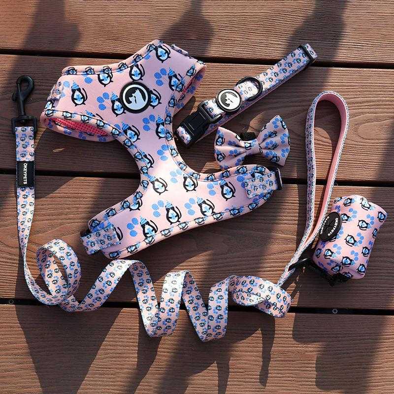 Custom Logo Sublimation Reflective Reversible Luxury Pet Dog Vest Collars Harness And Leash With Bow Tie Bandana