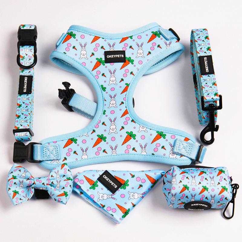 Custom Logo Sublimation Reflective Reversible Luxury Pet Dog Vest Collars Harness And Leash With Bow Tie Bandana