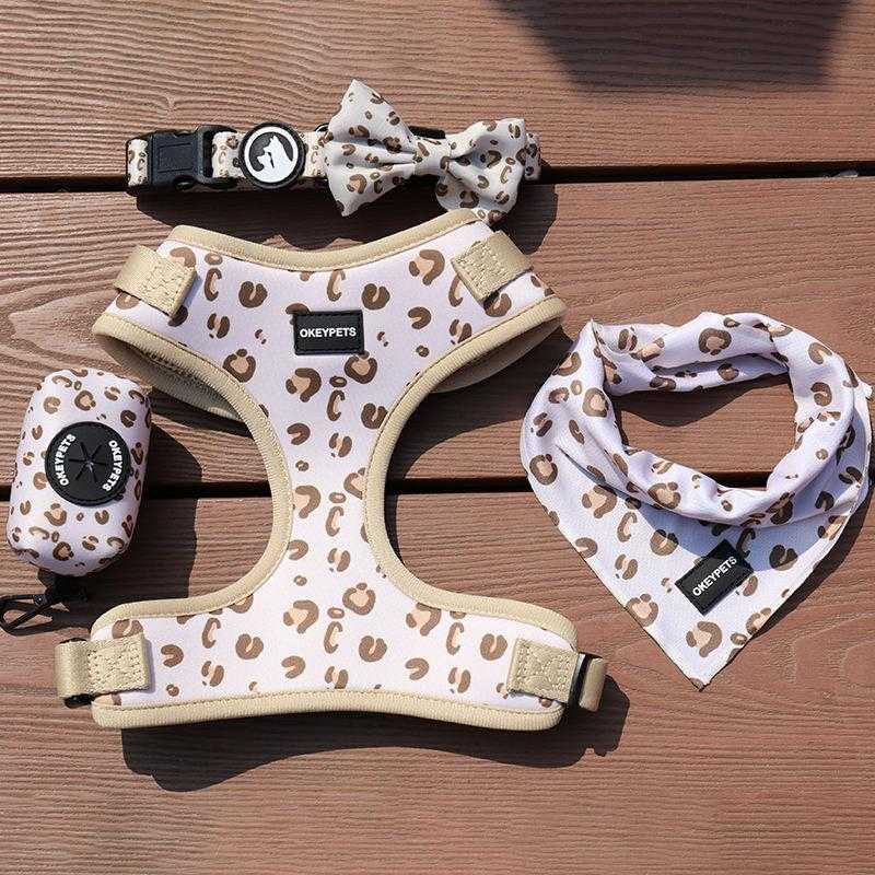 Custom Logo Sublimation Reflective Reversible Luxury Pet Dog Vest Collars Harness And Leash With Bow Tie Bandana