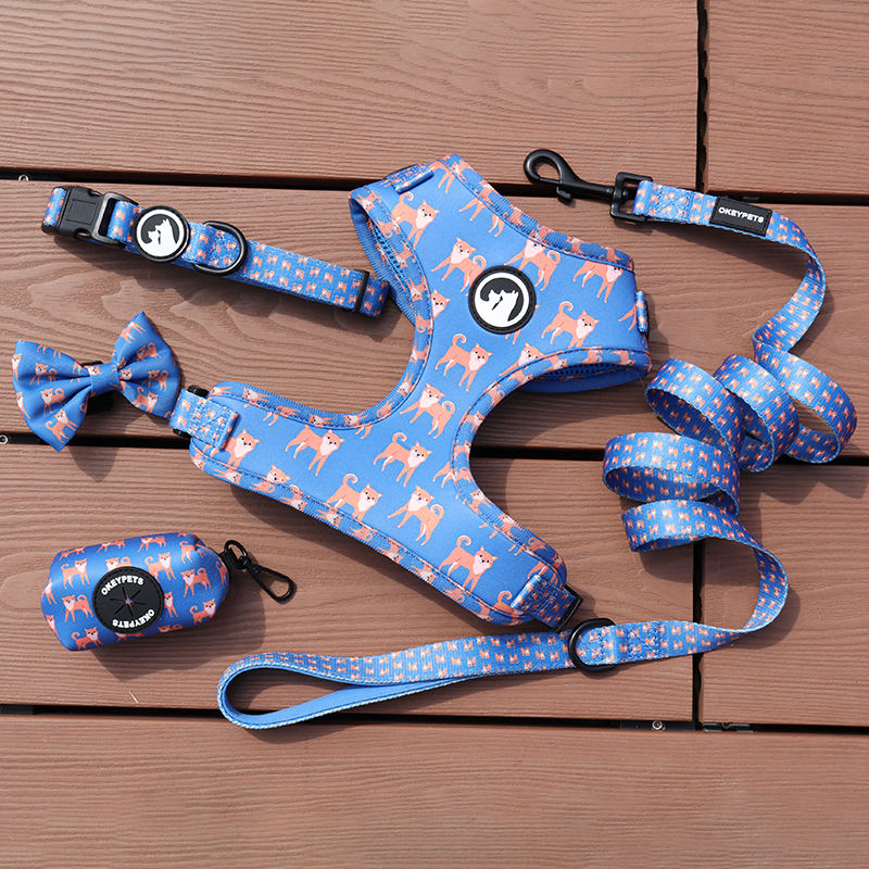 Dog Walking Bag And Harness Set Adjustable Luxury Sublimation Neoprene Blue Dog Harness Set With Plastic Buckle