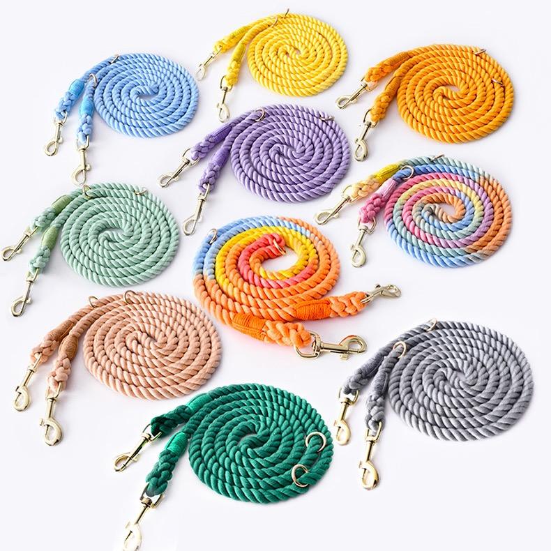 Free Sample Rainbow Colourful Dog Cotton Rope Lead Custom Dog Pet Leash Leash Rope Dog Leashes