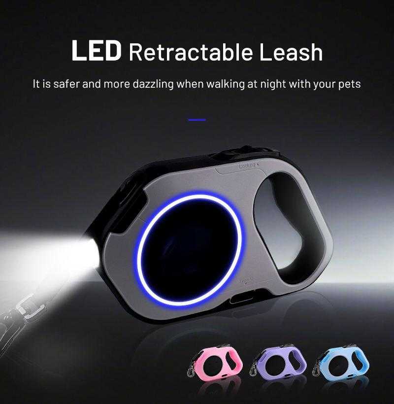 Custom Logo Brand Adjustable Extending Automatic Traction Heavy Duty Rope Lead Retractable Pet Dog Leash With Led Light